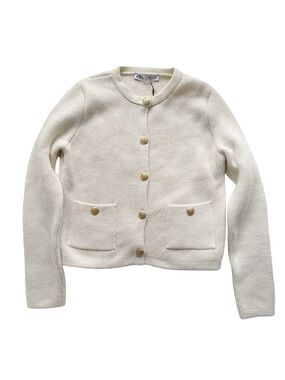 ZARA Cream Textured Lady Knit Cardigan with Gold Buttons